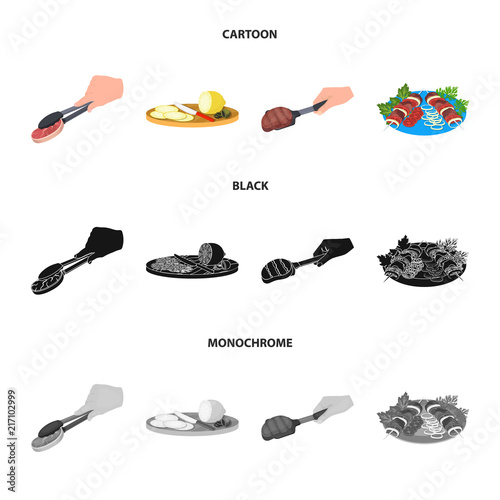 Tongs with steak, fried meat on a scoop, slicing lemon and olives, shish kebab on a plate with vegetables. Food and Cooking set collection icons in cartoon,black,monochrome style vector symbol stock