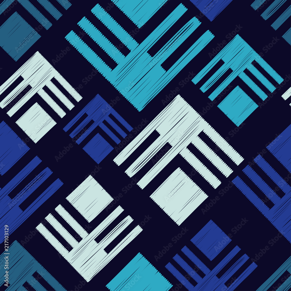 Fototapeta premium Seamless abstract geometric pattern. Mosaic texture. Brushwork. Hand hatching. Scribble texture. Textile rapport.