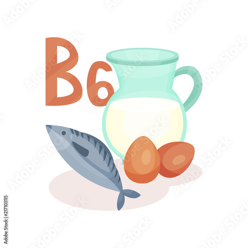 Products containing vitamin B6. Jug of cow milk, chicken eggs and sea fish. Healthy food. Flat vector for poster about nutrition