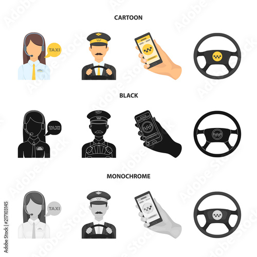 A taxi driver with a microphone, a taxi driver at the wheel, a cell phone with a number, a car steering wheel. Taxi set collection icons in cartoon,black,monochrome style vector symbol stock