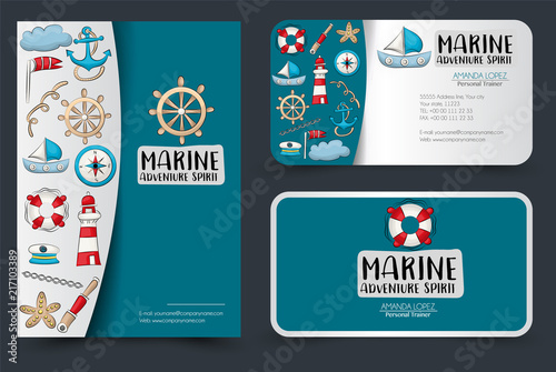 Marine nautical travel corporate identity design set. Flyer and business cards template. Banners for shopping or sale. Vector illustrator.