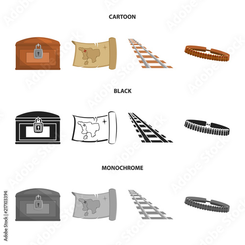Treasure map, chest, rails, patrol.Wild west set collection icons in cartoon,black,monochrome style vector symbol stock illustration web.