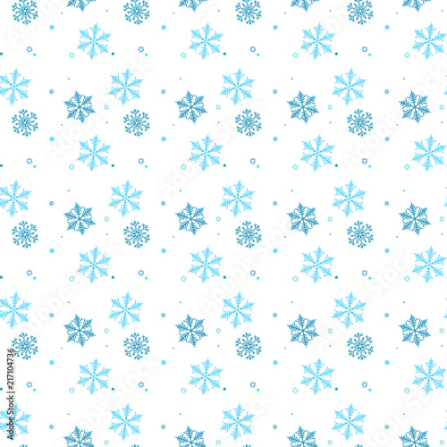 Abstract seamless pattern of falling blue snowflakes on white background. Winter pattern for banner  greeting  Christmas and New Year card  invitation  postcard  paper packaging. Vector illustration