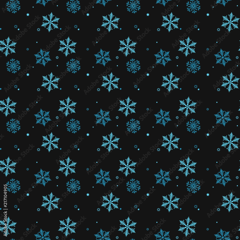 Snowflakes decorated with circles and dots. Vector winter design on black background. Christmas and New Year theme. Happy smiling violet and blue snowflakes seamless pattern. eps10 Snowflakes decorated with circles and dots. Vector winter design on black background. Christmas and New Year theme. Happy smiling violet and blue snowflakes seamless pattern. eps10