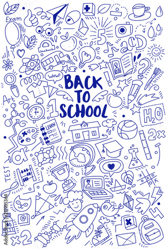 Hand drawn with pen ink back to school doodles and sketch style lettering on vertical background. Vector illustration. For banners, posters, flyers. A lot of education icons, study symbols