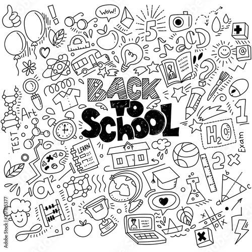 Hand drawn back to school doodles and sketch style lettering on background. Vector black and white linear illustration. For banners, posters, flyers. A lot of education icons, study symbols