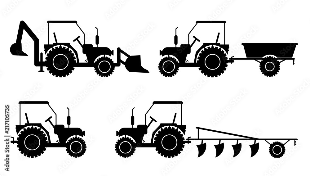 Tractor agricultural grader bulldozer set silhouette vector eps 10