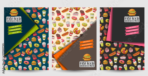 Fast food flyer set. Poster template for a magazine advertisement page, menu, cover. Brochure design concept. Vector illustration.