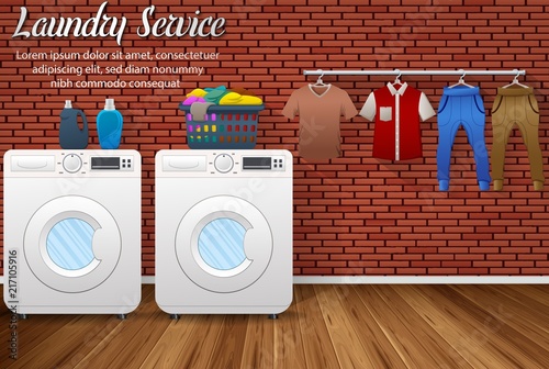 Laundry service design with washing machines and drying clothes on brick wall background