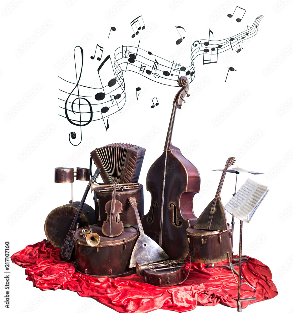 Old vintage musical instruments on a white background. Classical