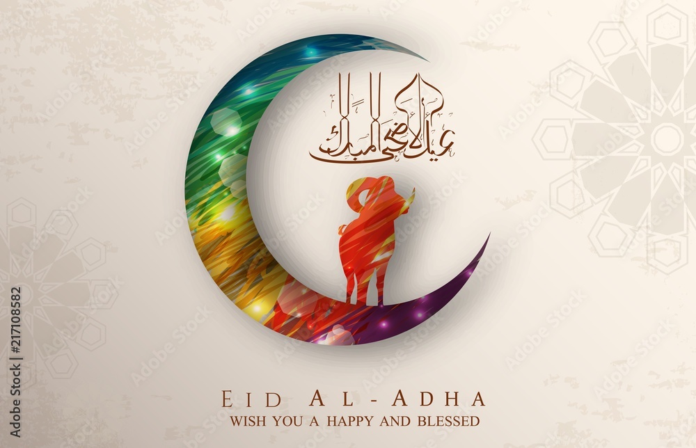 Fototapeta premium Eid Al Adha background design with colorful moon and sheep