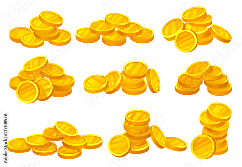 Heaps of shiny golden coins. Money or financial theme. Elements for mobile game, promo poster or banking website. Flat vector set photo