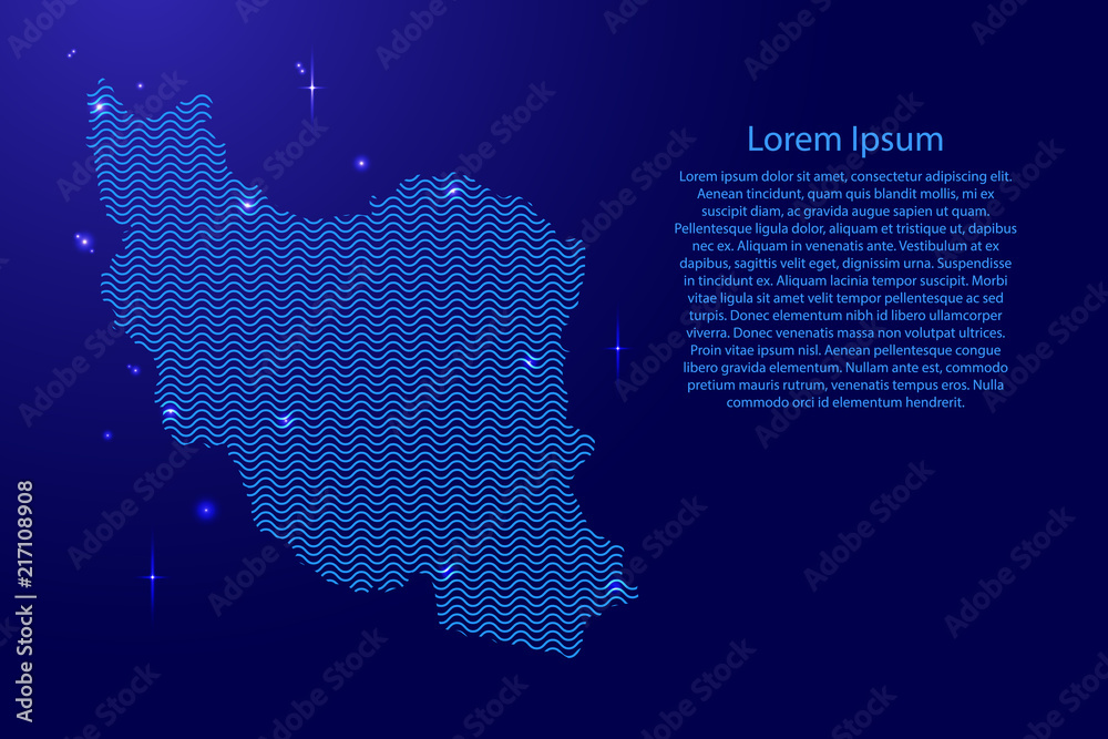 Iran map country abstract silhouette from wavy blue space sinusoid lines and glowing stars. Contour state of creative luminescence curve. Vector illustration.