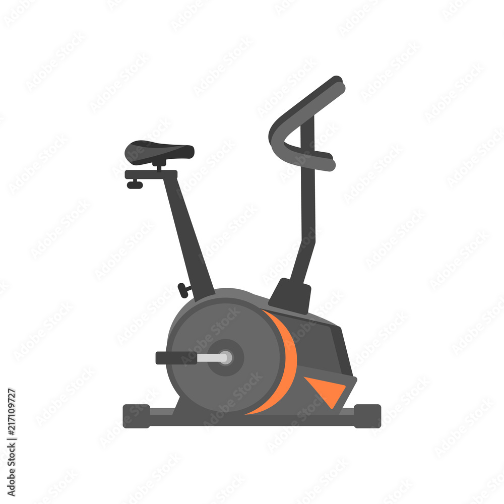 Flat vector icon of stationary bicycle. Exercise equipment. Health and physical activity. Design for advertising poster or flyer of sport club