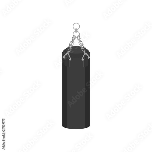 Flat vector icon of big gray hanging punching bag for boxing. Equipment for training. Element for poster or banner of boxer club