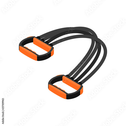 Flat vector icon of chest expander. Sports training device with pair of handles joined by rubber cables. Fitness and body care theme