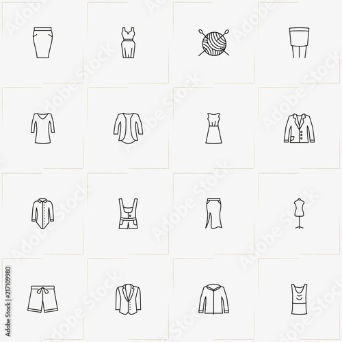 Clothes line icon set with sewing hank, blazer and shorts