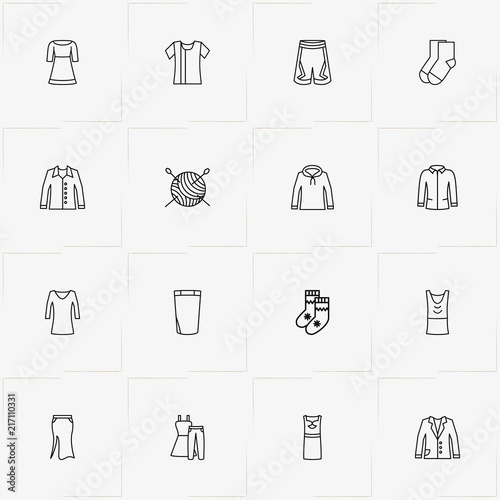 Clothes line icon set with sewing hank, pullover and skirt