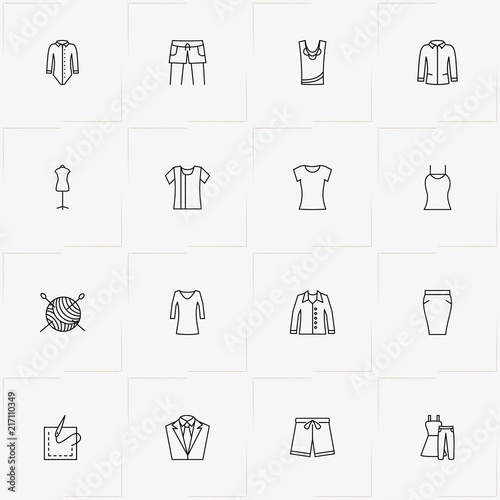 Clothes line icon set with dress, shorts and skirt
