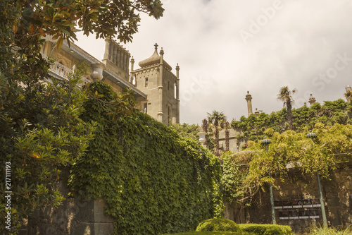 Lush green spaces around the old Palace in Moorish style.Crimea.