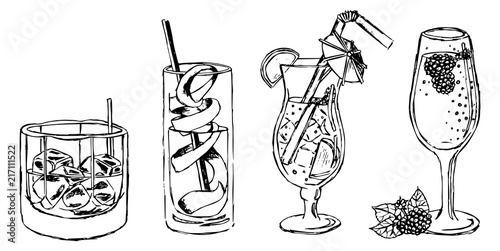 Ice Coctails Drinks Lemon Illustration Vector Set