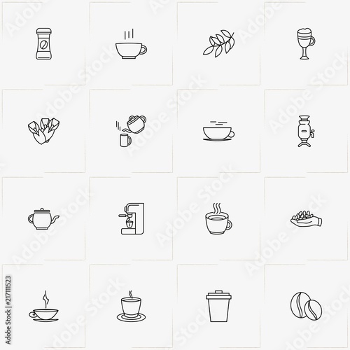 Coffee & Tea line icon set with cup of coffee, samovar and coffee seeds