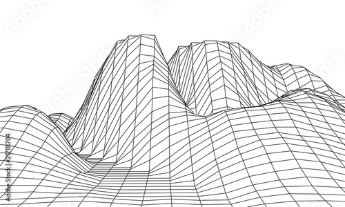 Wireframe landscape wire. 3d landscape. Cyberspace grid. 3d technology wireframe vector illustration