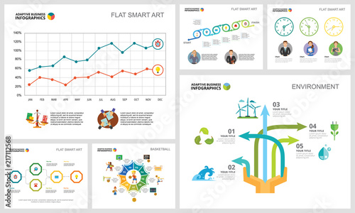 Colorful basketball and ecology concept infographic charts set. Business design elements for presentation slide templates. For corporate report, advertising, leaflet layout and poster design.