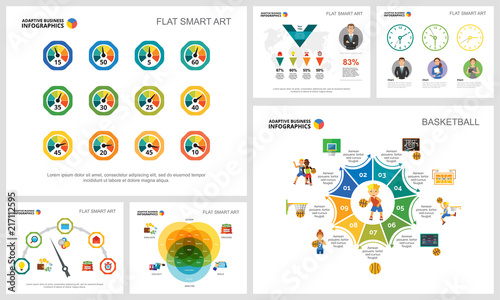Colorful basketball and finance concept infographic charts set. Business design elements for presentation slide templates. For corporate report, advertising, leaflet layout and poster design.