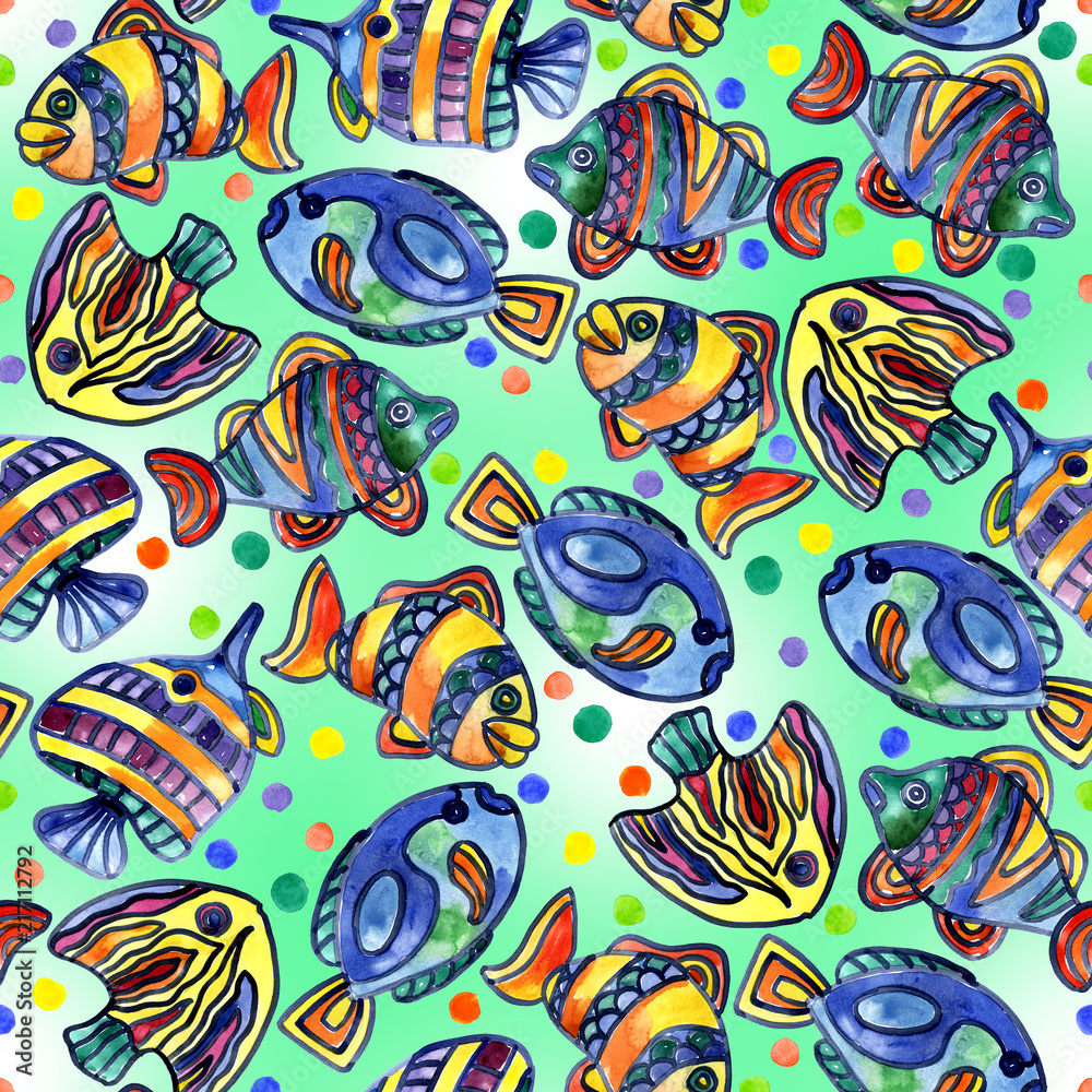 Naklejka premium Aquarium, river, lake, merry, rainbow, colorful fish in the water. Watercolor. Illustration
