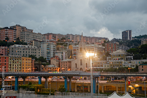 Panoramic view of the city of Genoa at sunset. © serghi8