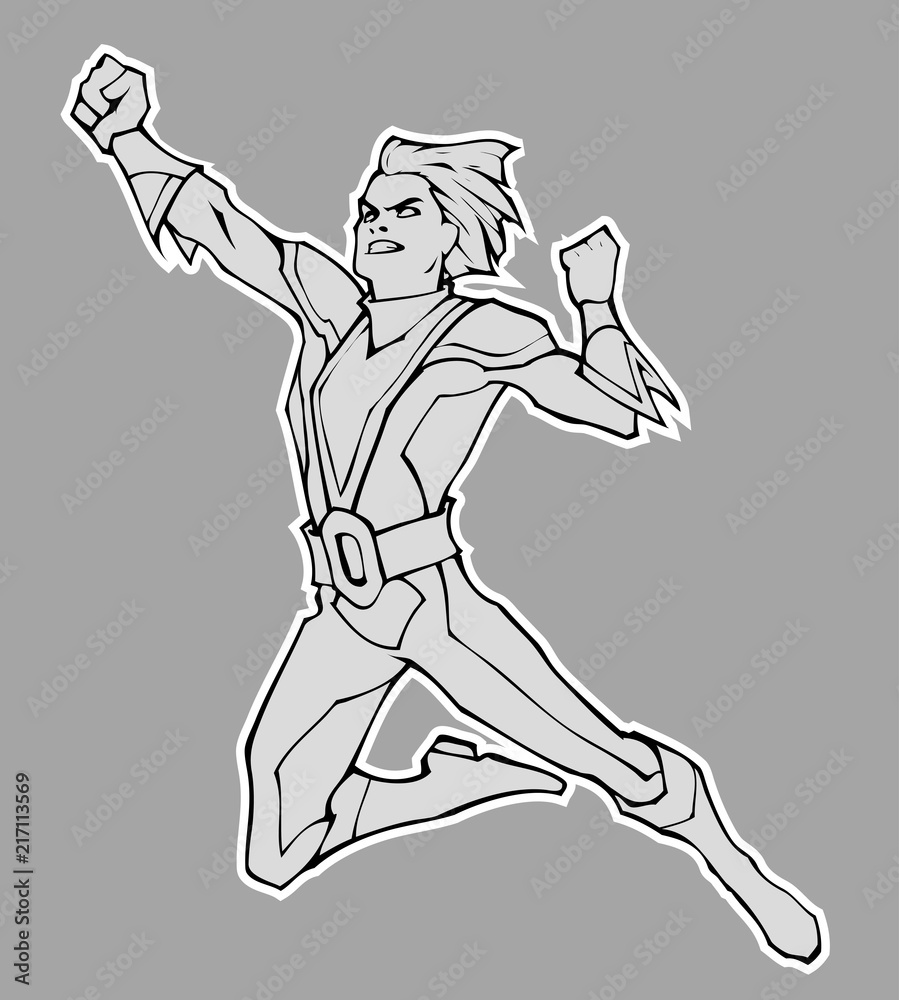 Bright and colorful cartoon comic art illustration of funny and awesome strong athletic superhero in a cool costume flying above the city Bright and colorful cartoon comic art illustration of funny and awesome strong athletic superhero in a cool costume flying above the city