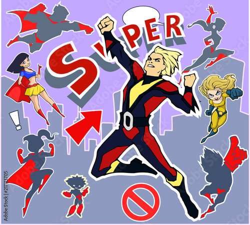 Bright and colorful cartoon comic art illustration of funny and awesome strong athletic superhero in a cool costume flying above the city