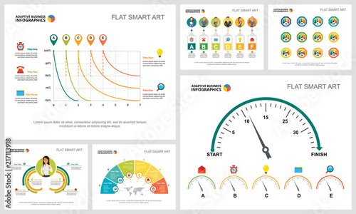 Colorful research or management concept infographic charts set. Business design elements for presentation slide templates. For corporate report, advertising, leaflet layout and poster design.