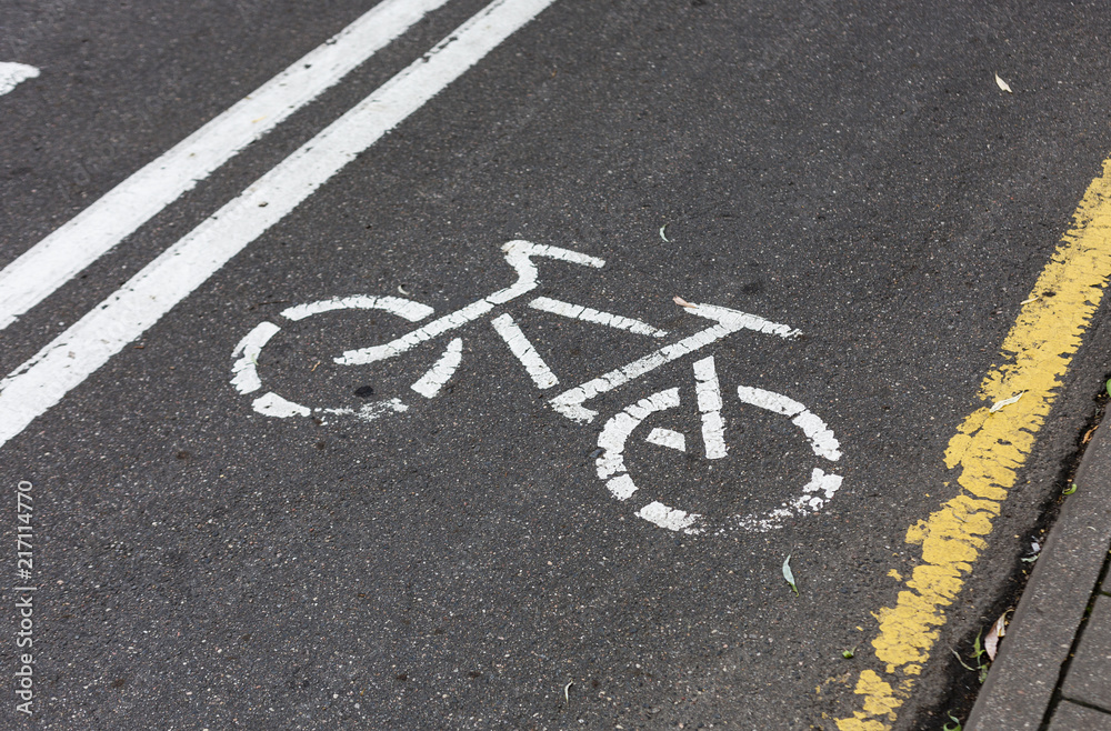Bicycle sign on the asphalt bicycle lane Bicycle sign on the asphalt bicycle lane