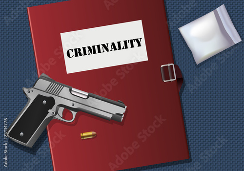 Criminalité - drogue - banditisme - pistolet - trafic - crime - illustration - vecteur - arme - vue du dessus