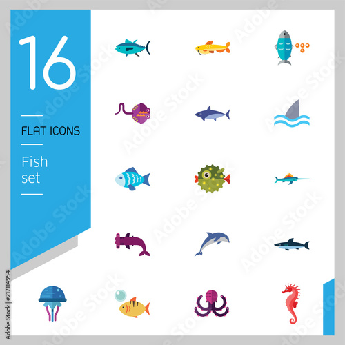 Fish icons set with dolphin, shark and seahorse. Thirteen vector icons