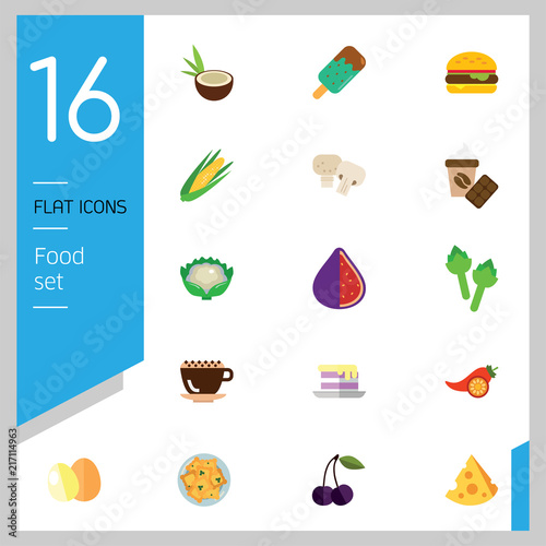 Food icon set. Broccoli, fruit, doughnut, cheese, cappuccino. Eating concept. Can be used for topics like cafe, menu, food store