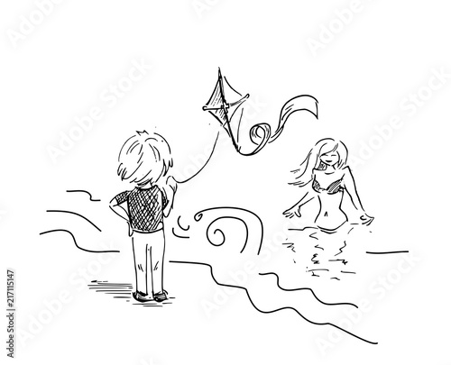 Vliegeren aan het strand meisje in zee