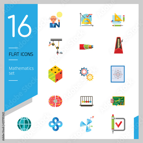 Mathematics Icon Set. Gear Wheel Drawing Metronome With Pendulum Collision Balls Globe Cubes Diagram Philosophy Symbol Logic Concept Algebra Cable Artificial Intelligence Gravity Force