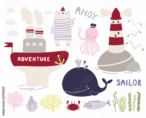 Sea set with cute funny bear sailor, octopus, whale, ship, lighthouse, seagulls, corals, seaweed. Isolated objects on white. Hand drawn vector illustration. Scandinavian style design. Concept kids