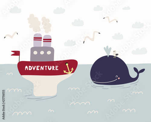 Hand drawn vector illustration of a cute funny whale swimming in the sea, ship named Adventure sailing, seagulls, clouds. Scandinavian style flat design. Concept for kids, nursery print.