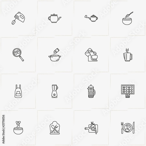 Cooking line icon set with omelette on plate, add salt to bowl and frying pan