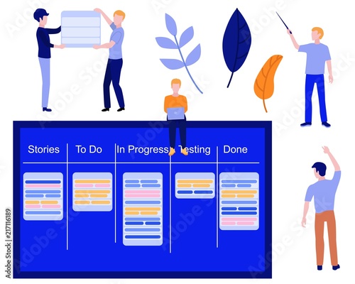 Flat men IT, software developer or designer sitting on big scrum agile board with daily tasks, kan ban desk with sticky notes for visual management and teamwork set. Vector illustration.