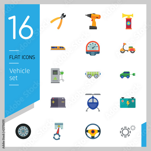 Vehicle icons set with helicopter, electrocart and trolley car. Thirteen vector icons