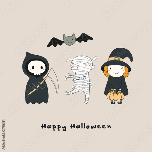 Hand drawn vector illustration of a kawaii funny death, witch, mummy, bat, with text Happy Halloween. Isolated objects. Line drawing. Design concept for print, card, party invitation.