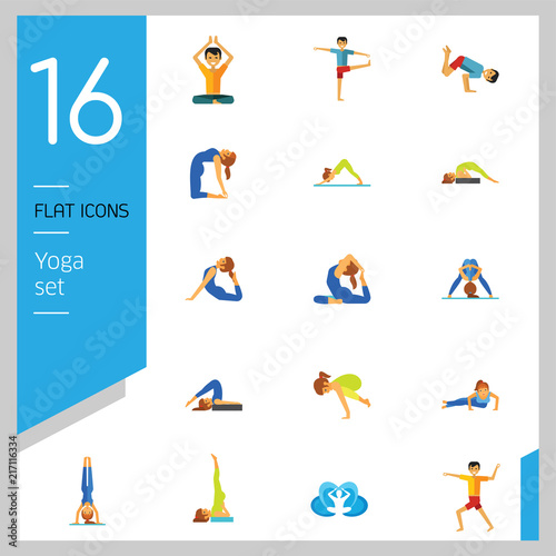Yoga Icon Set. Meditation Rajakapotasana Sarvangasana Halasana Ustrasana Astavakasana Bakasana Handstand Virabhadrasana Svanasana Prasarita