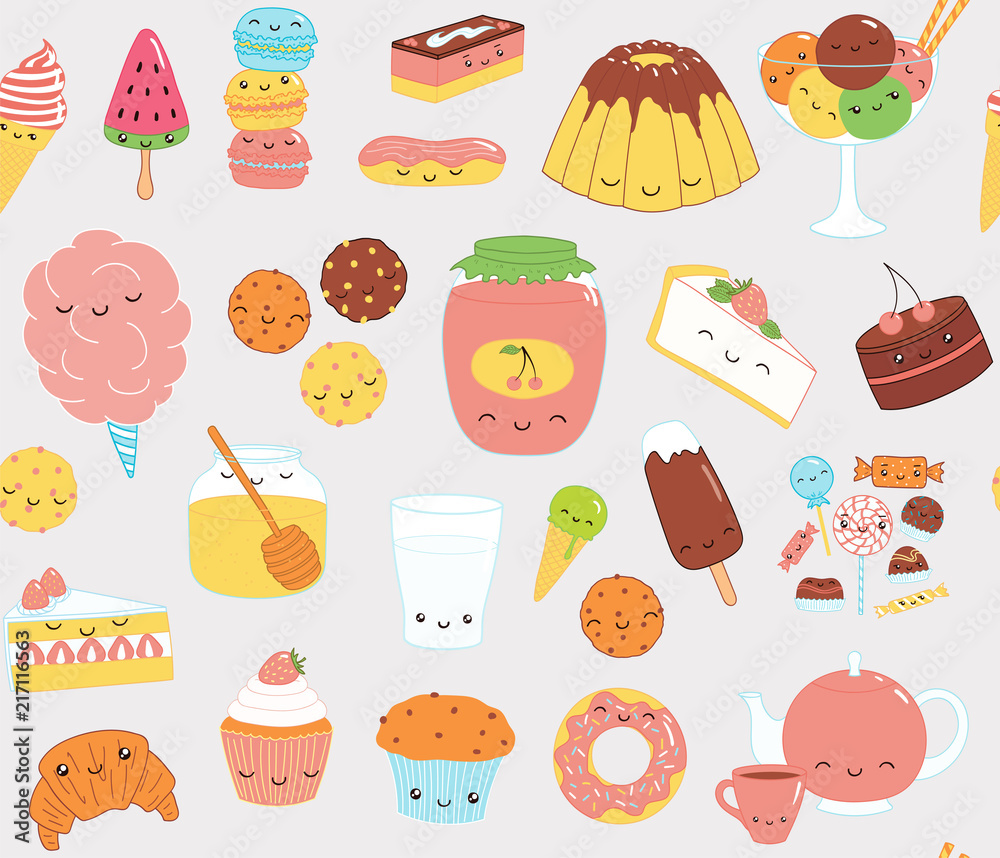 Hand drawn seamless vector pattern with kawaii funny sweet food doodles