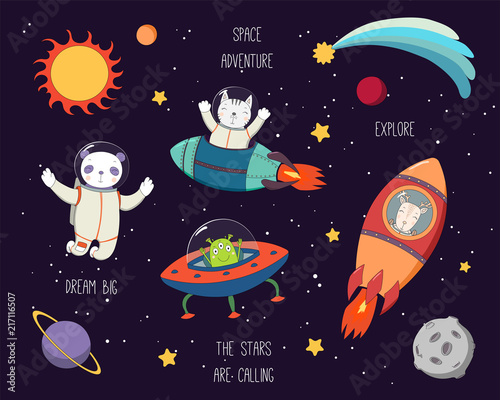 Set of cute funny cat, panda, deer astronauts, alien in space, with planets, stars, quotes. Hand drawn vector illustration. Line drawing. Design concept for children print.
