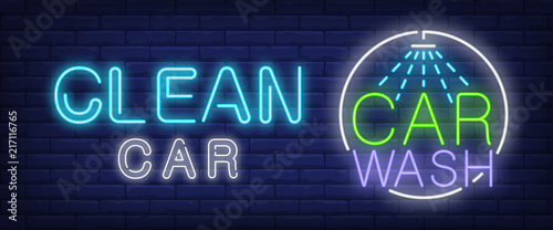 Clean car, carwash neon text with shower. Transport and car wash station or service concept. Advertisement design. Night bright neon sign, colorful billboard. Vector illustration in neon style.